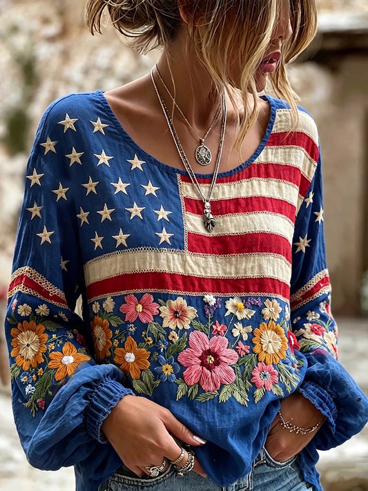 Women's Vintage Independence Day Flag Flower Art Print Linen Top