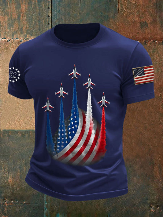 Men's Independence Day American Flag Jet Planes Print Casual Tee