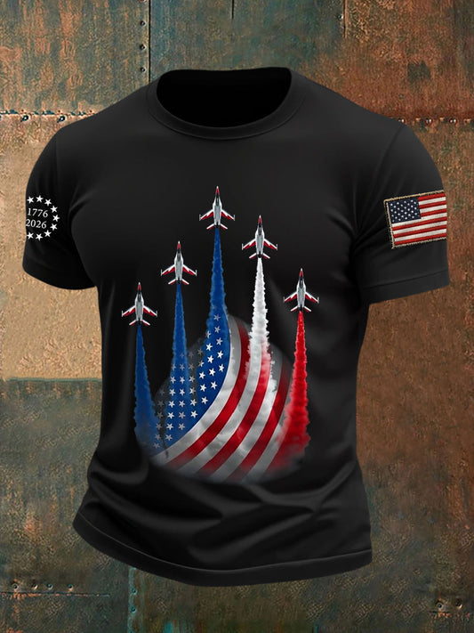 Men's Independence Day American Flag Jet Planes Print Casual Tee