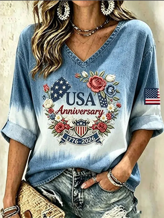 Women's Retro Independence Day Anniversary Floral  Pattern Casual  V-Neck Shirt