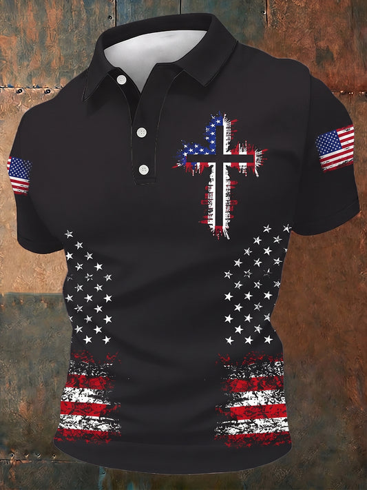 Men's ndependence Day  Christian Cross American Flag Short Sleeve Top