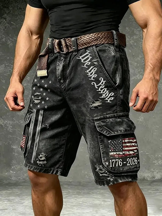 Men's Retro Independence Day Art Washed Cargo Shorts