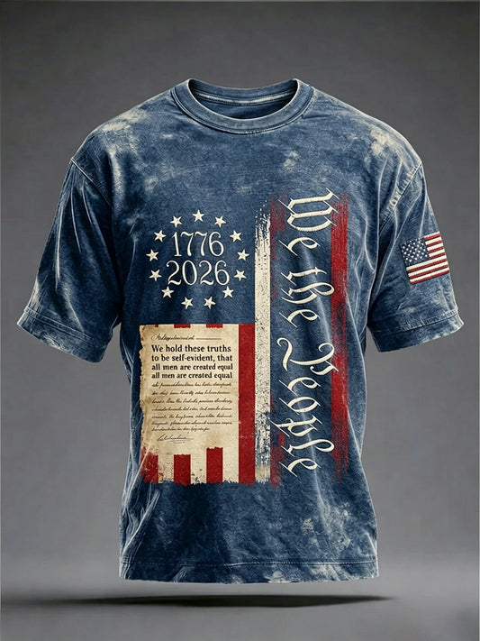 Men's Vintage Declaration Of Independence Newspaper Flag Design Print Short Sleeve T-shirt