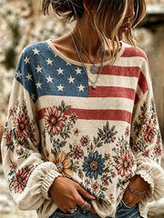 Women's Independence Day Flag & Floral Pattern Casual Long-sleeve Top