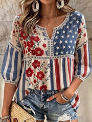 Women's Independence Day Flag & Floral Pattern Casual  Top