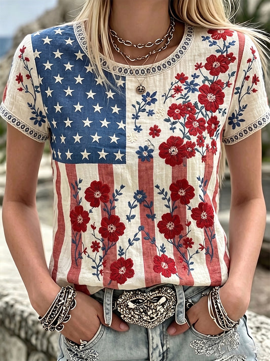 Women's Independence Day Flag & Floral Pattern Casual Short Sleeves Top