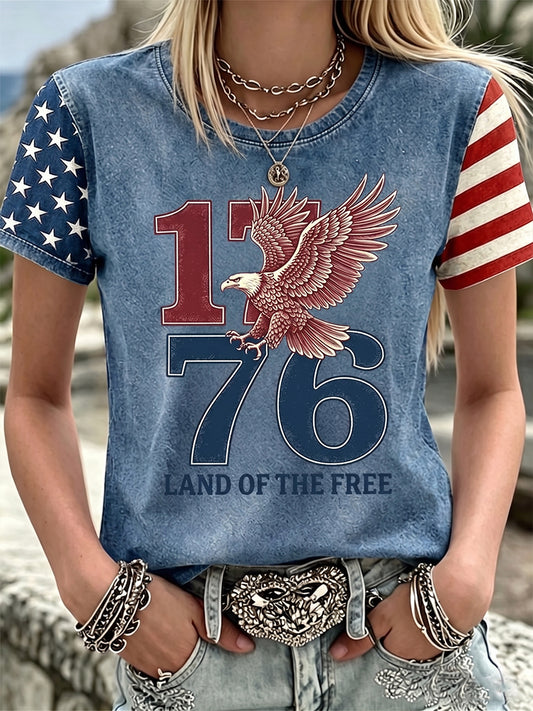 Women's Independence Day Flag & Eagle Art Linen short-sleeved Top