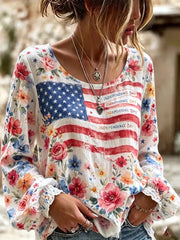 Women's Independence Day Flag & Floral Pattern Casual Long-sleeve Top