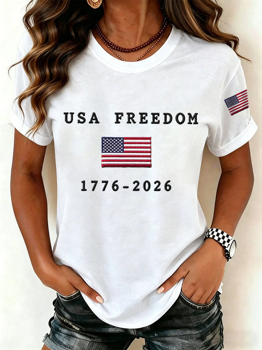 Women's USA Freedom American Flag Print Casual Independence Day Patriotic Tee