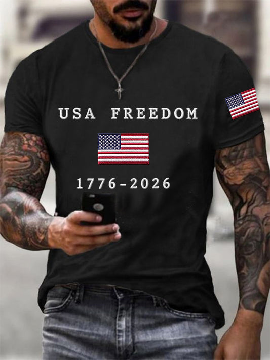 Men's USA Freedom American Flag Print Casual Independence Day Patriotic Tee