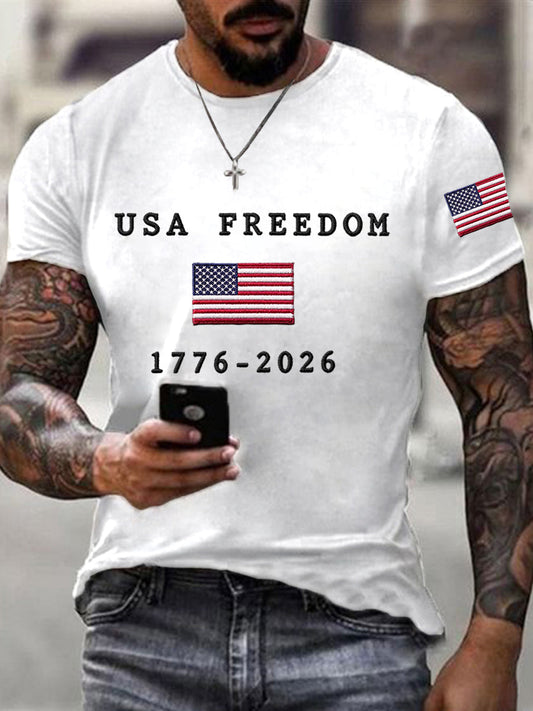Men's USA Freedom American Flag Print Casual Independence Day Patriotic Tee
