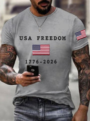 Men's USA Freedom American Flag Print Casual Independence Day Patriotic Tee