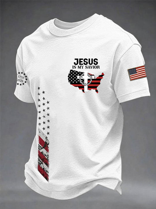 Men's Jesus Is My Savior USA Flag Print Casual Independence Day Patriotic Tee