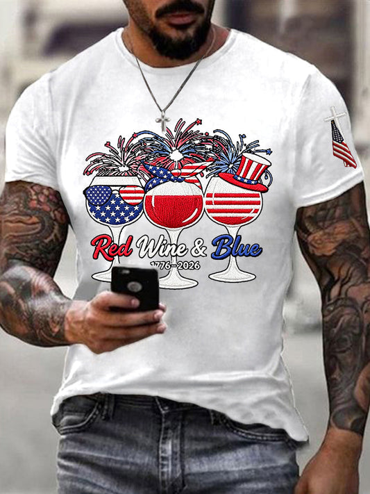Men's Funny Red Wine Blue Independence Day Print Casual Patriotic Tee