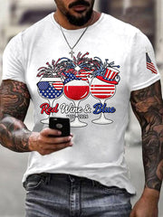Men's Funny Red Wine Blue Independence Day Print Casual Patriotic Tee