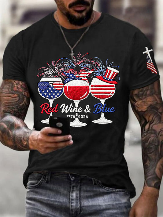 Men's Funny Red Wine Blue Independence Day Print Casual Patriotic Tee