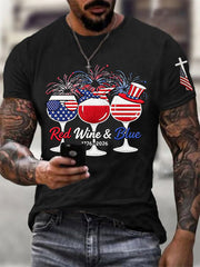 Men's Funny Red Wine Blue Independence Day Print Casual Patriotic Tee