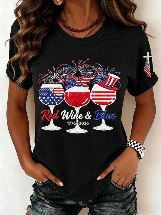 Women's Red Wine Blue Independence Day Print Casual Patriotic Tee