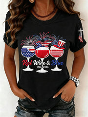 Women's Red Wine Blue Independence Day Print Casual Patriotic Tee