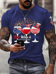 Men's Funny Red Wine Blue Independence Day Print Casual Patriotic Tee