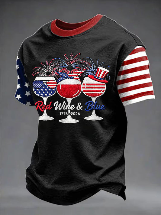Men's Funny Red Wine Blue Independence Day Print Casual Patriotic Tee