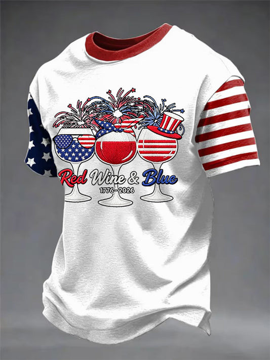 Men's Funny Red Wine Blue Independence Day Print Casual Patriotic Tee