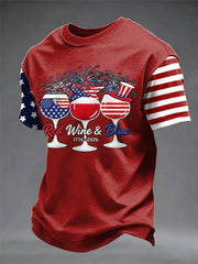 Men's Funny Red Wine Blue Independence Day Print Casual Patriotic Tee