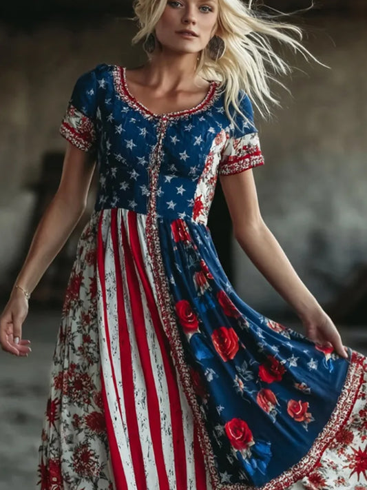 Women's Independence Day Botanical Print Cotton-Linen Dress