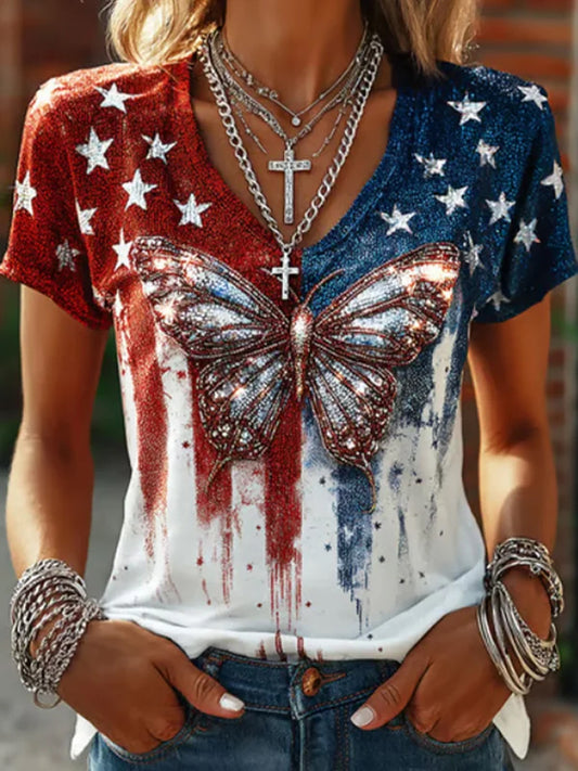 Women's America Printed V-neck T-shirt