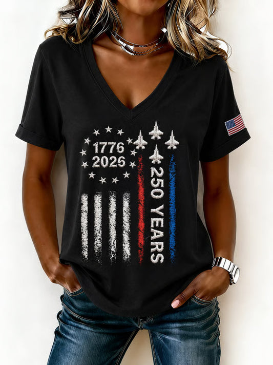 Women’s Usa Anniversary Flag Print V-Neck Short Sleeve T-shirt