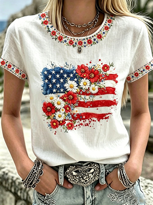 Women's Independence Day Flag & Floral Pattern Casual Linen Top