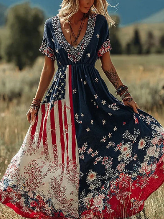 Women's Independence Day Botanical Print Cotton-Linen Dress