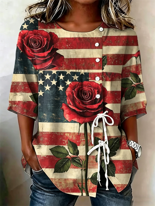 Women's Retro Rose Cotton-Linen Button-Front Top with Ties