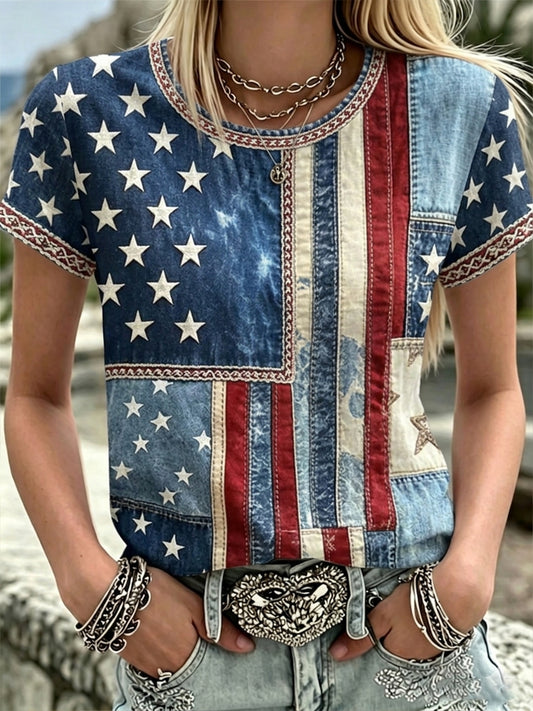 Women's Vintage Independence Day Flag Art Print Linen Top