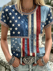 Women's Vintage Independence Day Flag Art Print Linen Top