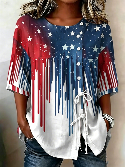 Women's Anniversary Printed Cotton-Linen Button-Front Top with Ties