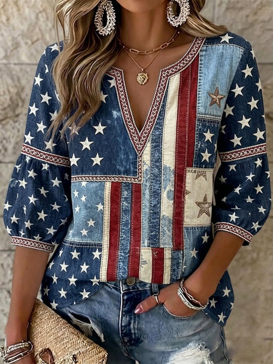 Women's Vintage Independence Day Flag Art Print Linen Top