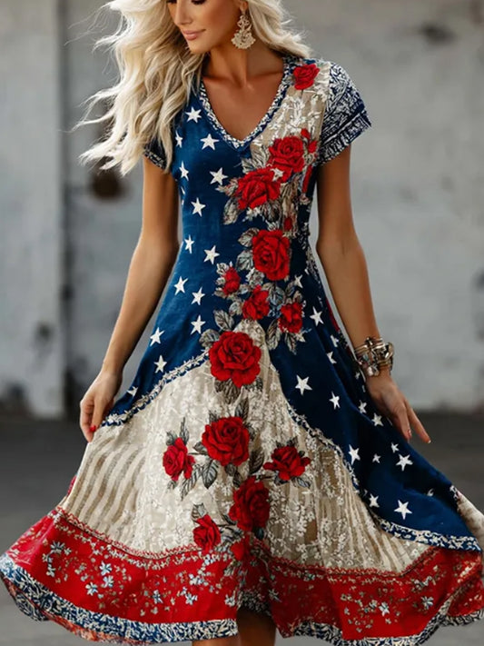 Women's Independence Day Botanical Print Cotton-Linen Dress
