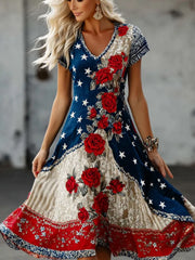 Women's Independence Day Botanical Print Cotton-Linen Dress