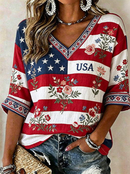 Women's America Floral Print Casual T-shirt