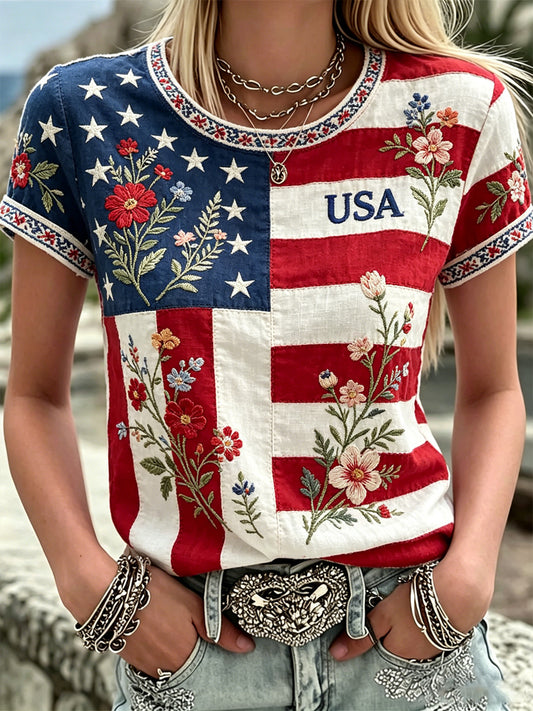 Women's America Floral Print Casual T-Shirt