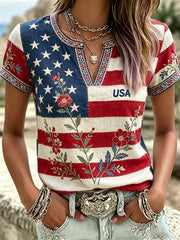 Women's America Floral Print V-Neck Casual T-Shirt
