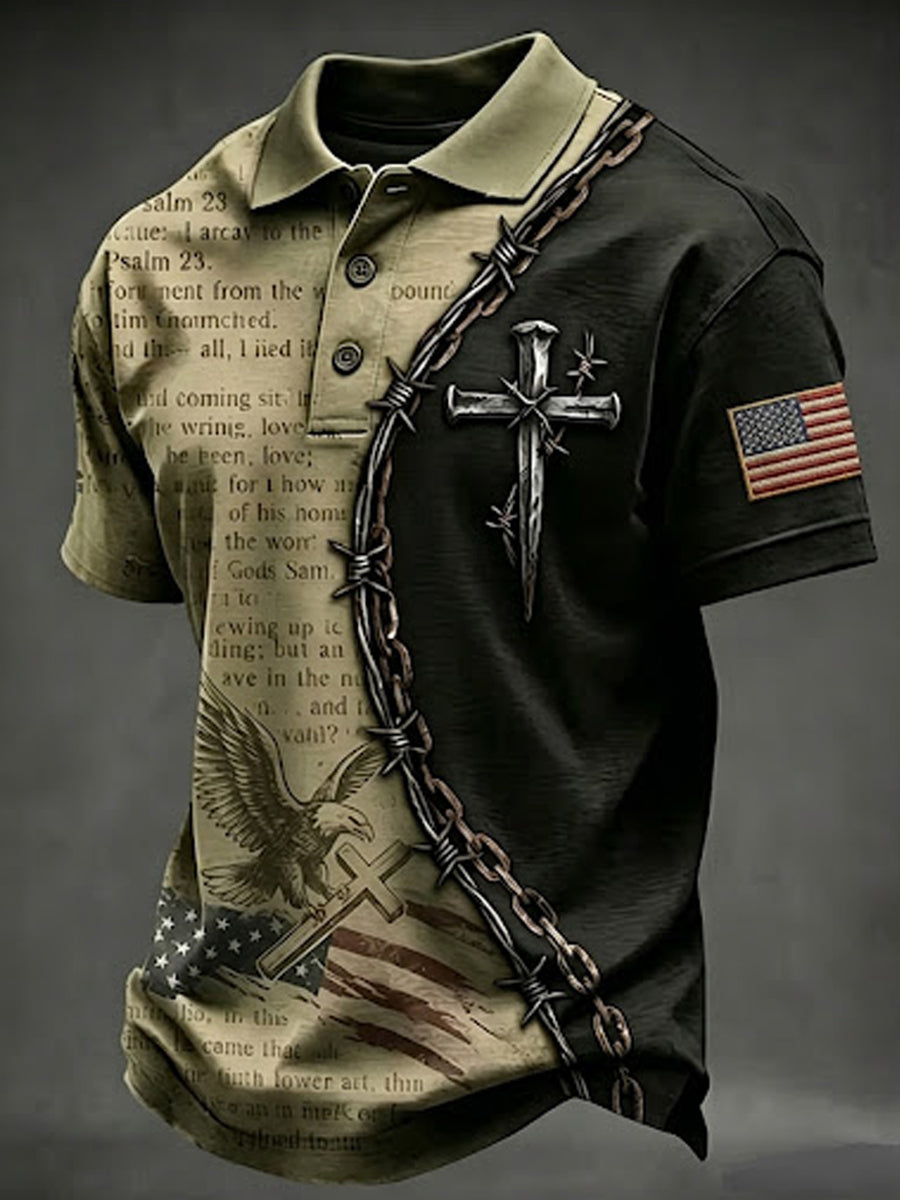 Men's Vintage Independence Day Thorn Nail Cross Eagle USA Flag Print Short Sleeve Top