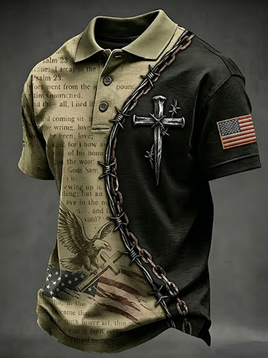 Men's Vintage Independence Day Thorn Nail Cross Eagle USA Flag Print Short Sleeve Top
