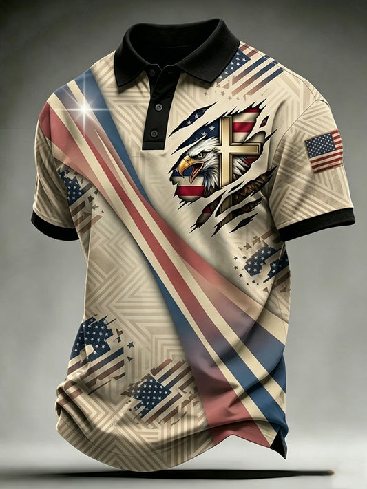 Men's Vintage Independence Day Eagle Flag Faith Cross Print Short Sleeve Top