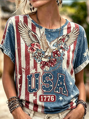 Women's Retro Independence Day Stars And Stripes Floral Print Linen Top