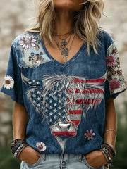 Women's American Flag Highland Cow Print Casual T-Shirt