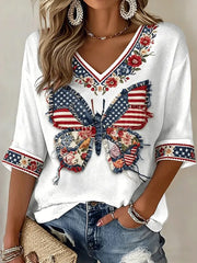 Women's Independence Day Flag Butterfly Art V-neck  Top