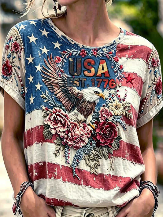 Women's Retro Independence Day Stars And Stripes Floral Print Linen Top