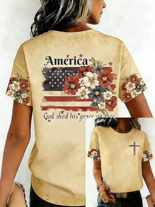 Women's Independence Day USA Flag Print Tee